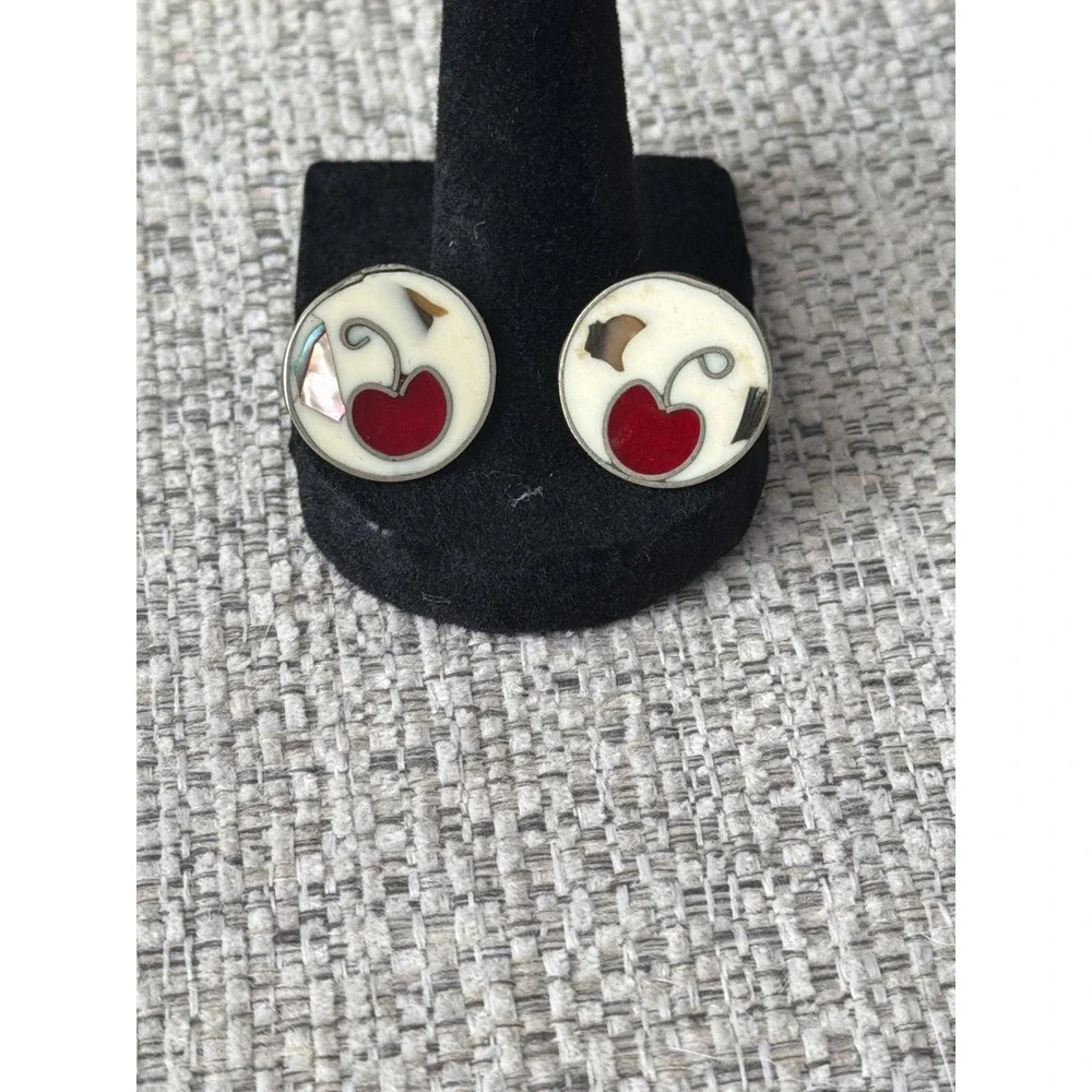 Vintage Cherry Inlay Stud Earrings Mother of Pearl Red Shell Retro Rockabilly